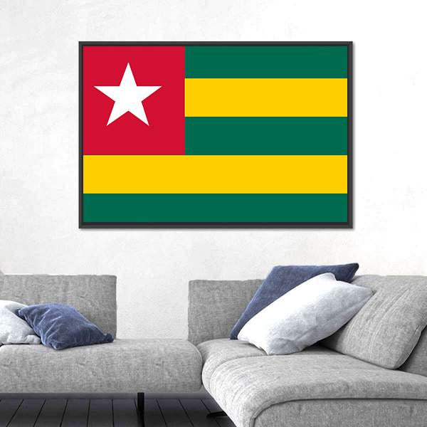 Togo Flag Geometric Design Canvas Wall Art in red, yellow and green, framed canvas, product view on a white background