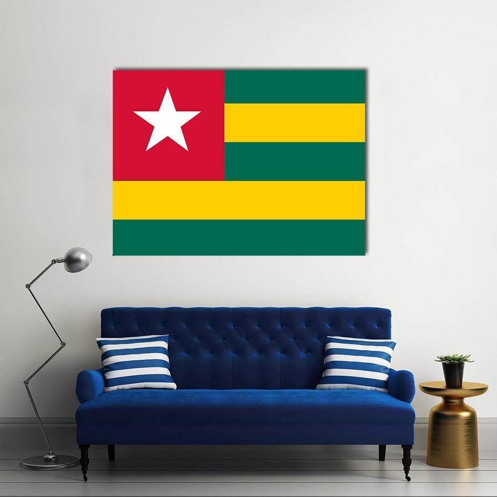 Togo Flag Geometric Design Canvas Wall Art in red, yellow and green, single panel hung on a wall