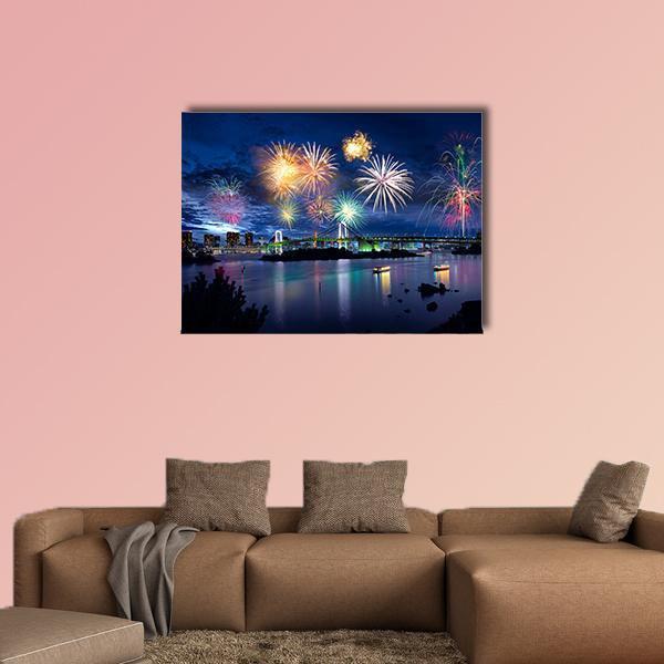 Fireworks Over Tokyo Bay Canvas Wall Art in blue, navy and multicolor, single panel hung on a wall