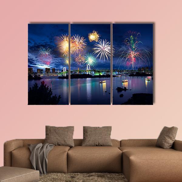 Fireworks On Tokyo Bay Canvas Wall Art-3 Horizontal-Gallery Wrap-37" x 24"-Tiaracle