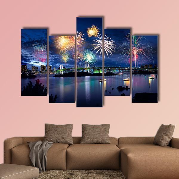 Fireworks On Tokyo Bay Canvas Wall Art-5 Pop-Gallery Wrap-47" x 32"-Tiaracle
