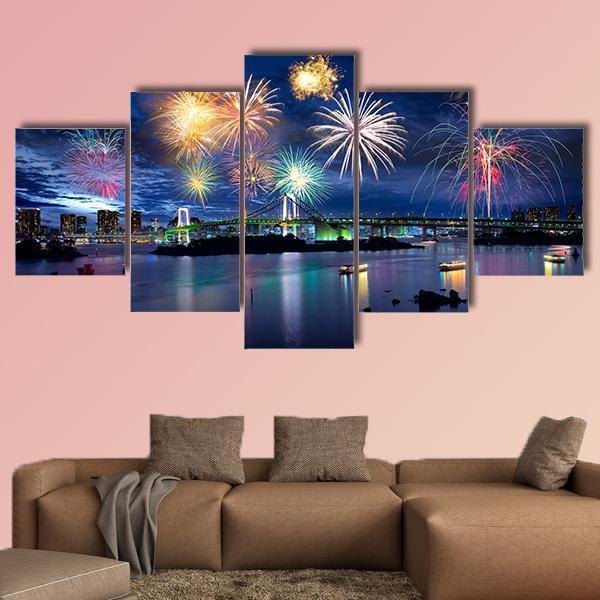Fireworks On Tokyo Bay Canvas Wall Art-5 Star-Gallery Wrap-62" x 32"-Tiaracle