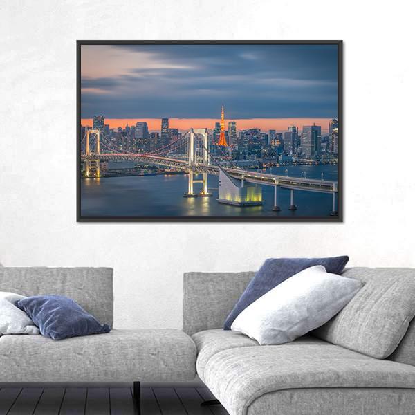 Tokyo Rainbow Bridge at Twilight Canvas Wall Art in gray, orange and blue, framed canvas, product view on a white background