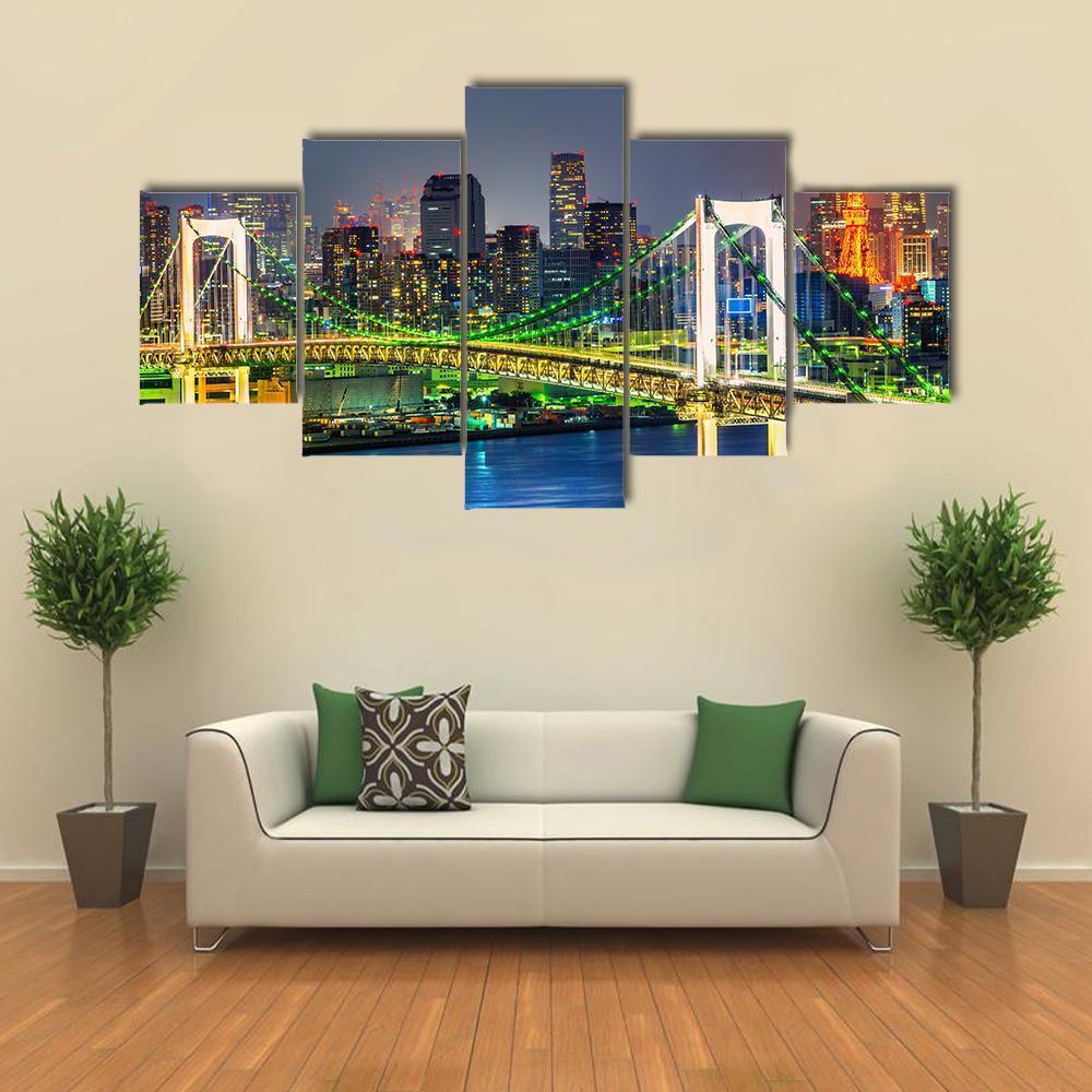 Rainbow Bridge In Tokyo Canvas Wall Art-5 Star-Gallery Wrap-62" x 32"-Tiaracle