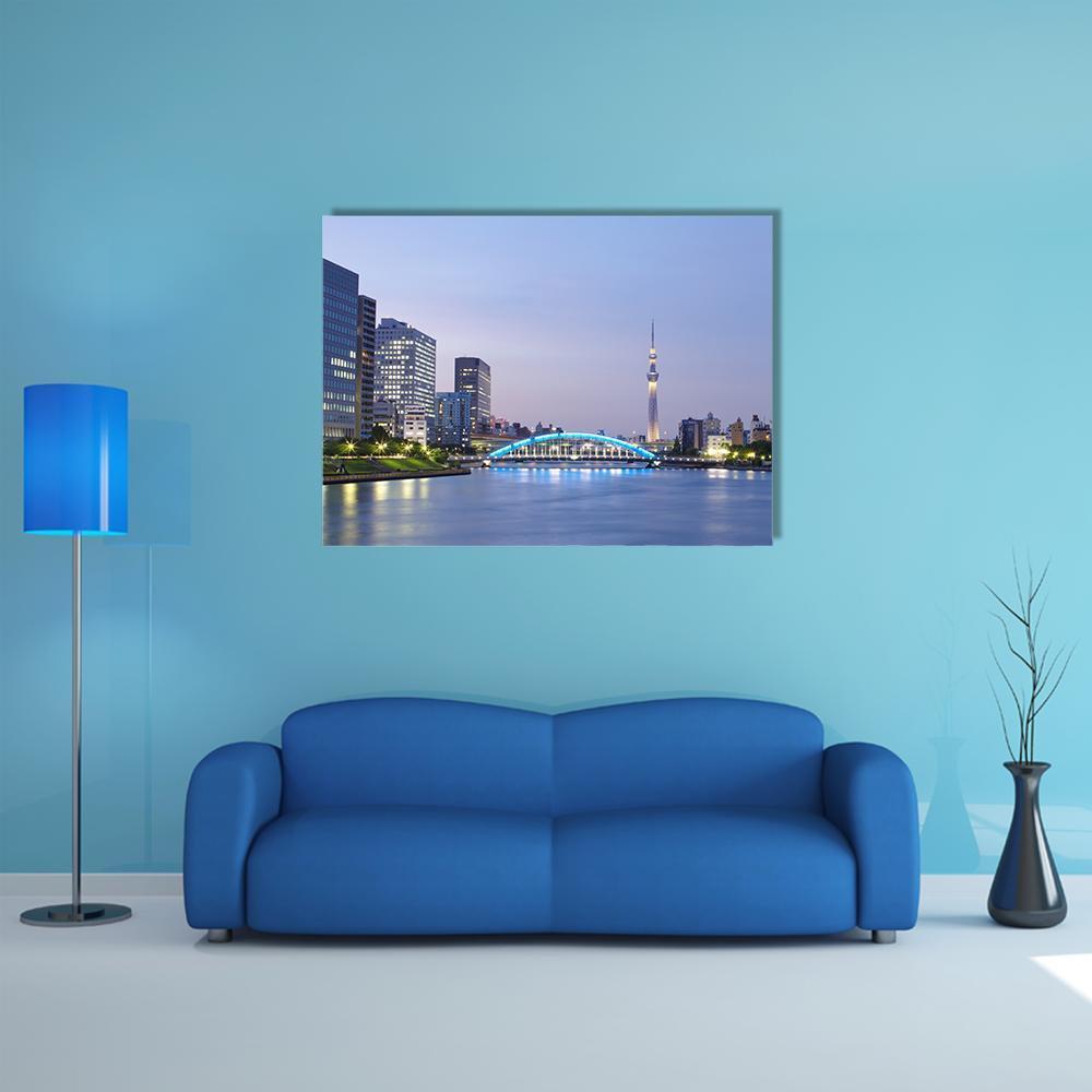 Tokyo Evening Skyline with Illuminated Bridge Canvas Wall Art in gray, blue and purple, single panel hung on a wall
