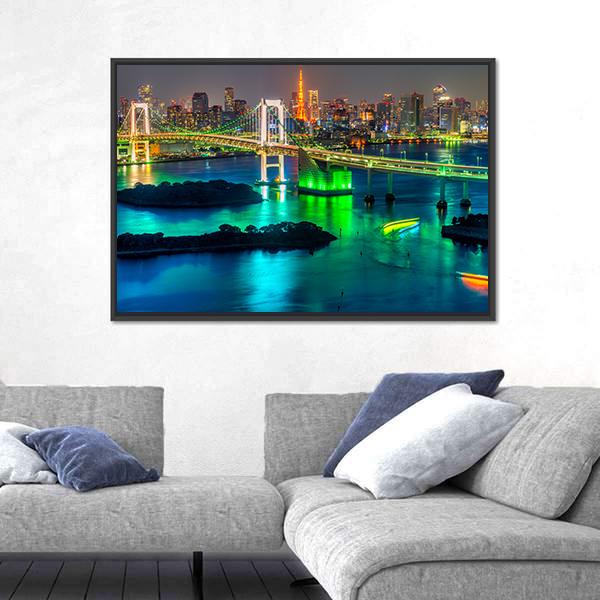 Tokyo Tower & Rainbow Bridge Canvas Wall Art-1 Piece-Floating Frame-24" x 16"-Tiaracle