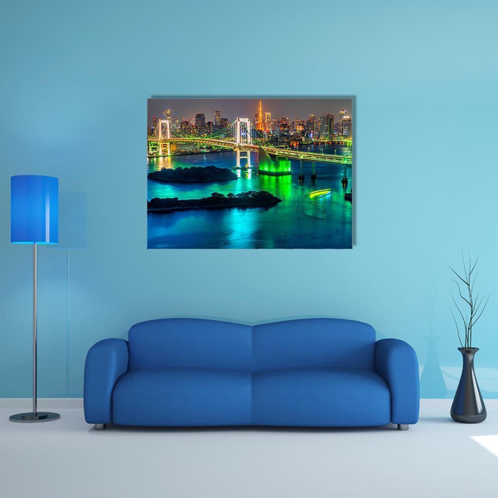 Tokyo Tower and Rainbow Bridge Night View Canvas Wall Art in black, green and blue, single panel hung on a wall