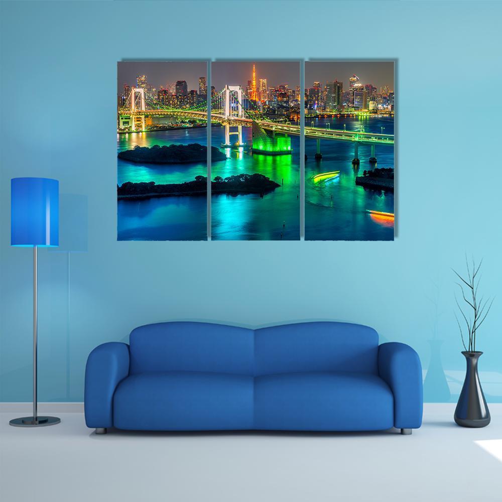 Tokyo Tower &amp; Rainbow Bridge Canvas Wall Art-3 Horizontal-Gallery Wrap-37" x 24"-Tiaracle