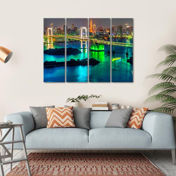 Tokyo Tower &amp; Rainbow Bridge Canvas Wall Art-4 Horizontal-Gallery Wrap-34" x 24"-Tiaracle