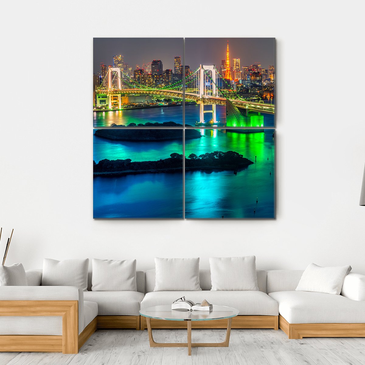 Tokyo Tower &amp; Rainbow Bridge Canvas Wall Art-4 Square-Gallery Wrap-17" x 17"-Tiaracle