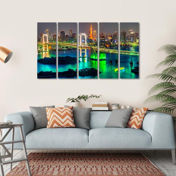 Tokyo Tower &amp; Rainbow Bridge Canvas Wall Art-5 Horizontal-Gallery Wrap-22" x 12"-Tiaracle