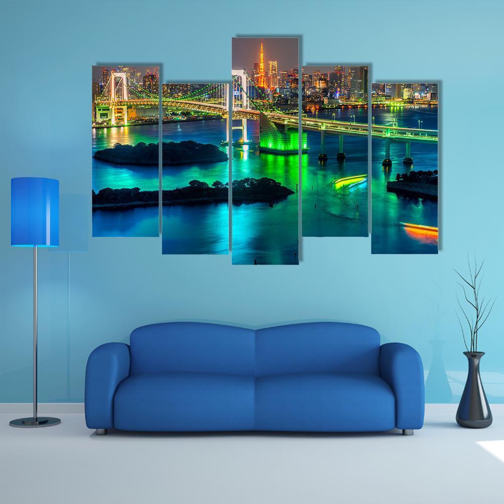 Tokyo Tower &amp; Rainbow Bridge Canvas Wall Art-5 Pop-Gallery Wrap-47" x 32"-Tiaracle
