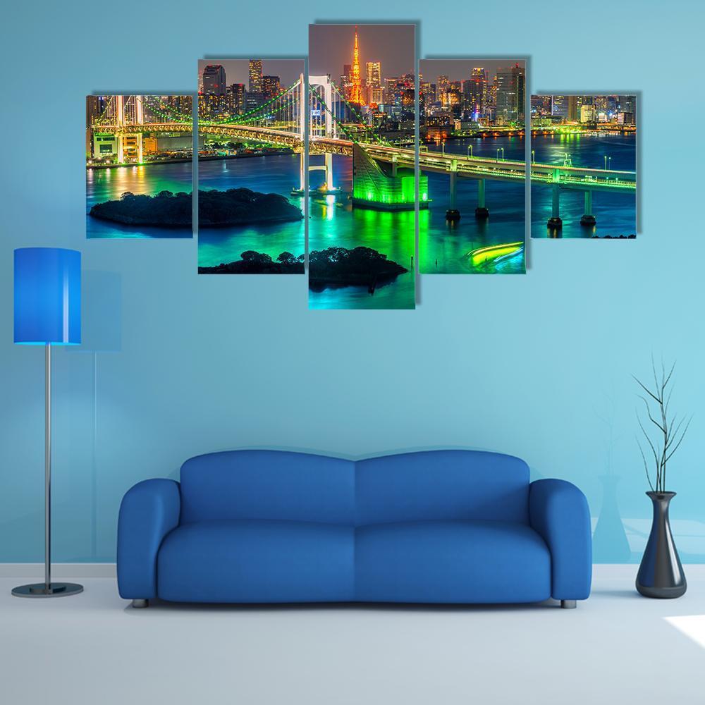 Tokyo Tower &amp; Rainbow Bridge Canvas Wall Art-5 Star-Gallery Wrap-62" x 32"-Tiaracle