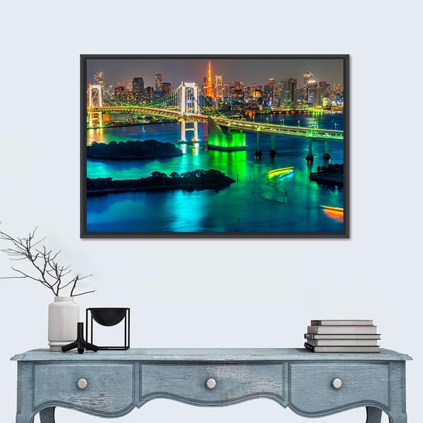 Tokyo Tower &amp; Rainbow Bridge Panoramic Canvas Wall Art-1 Piece-36" x 12"-Tiaracle