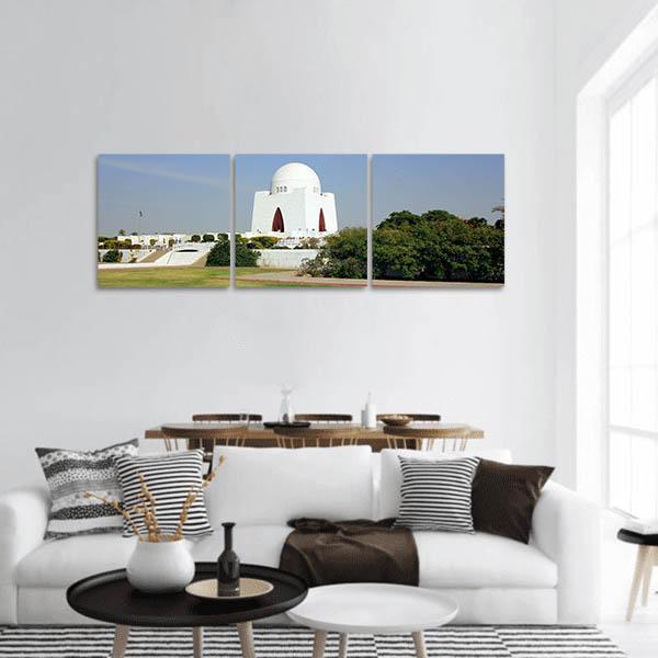 Mazar-e-quaid Mausoleum in Bright Daylight Panoramic Canvas Wall Art in white, green and blue, hung on a wall