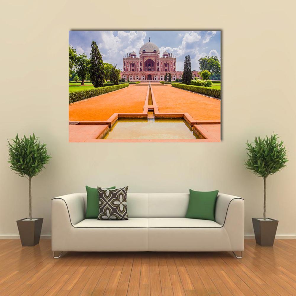 Humayun's Tomb Reflection Pool Canvas Wall Art in orange, green and blue, single panel hung on a wall