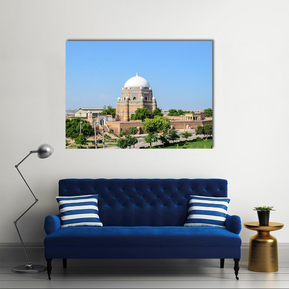 Shah Rukn-e-alam Pakistan Canvas Wall Art in beige, brown and blue, single panel hung on a wall
