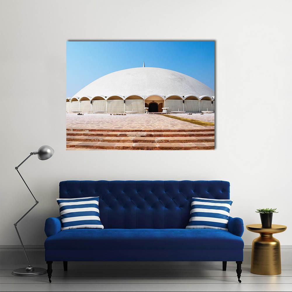 Masjid-e-tooba, Karachi Canvas Wall Art in white, beige and blue, single panel hung on a wall