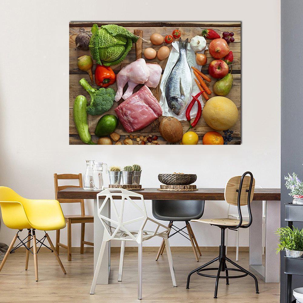 Paleo Diet Collection Canvas Wall Art in brown, green and multicolor, single panel hung on a wall