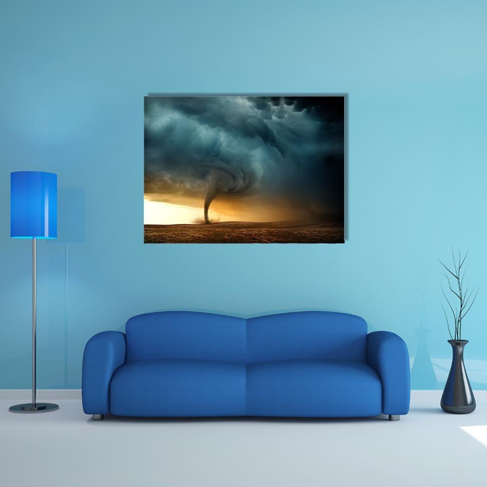 Tornado Forming a Supercell Canvas Wall Art in gray, orange and blue, single panel hung on a wall
