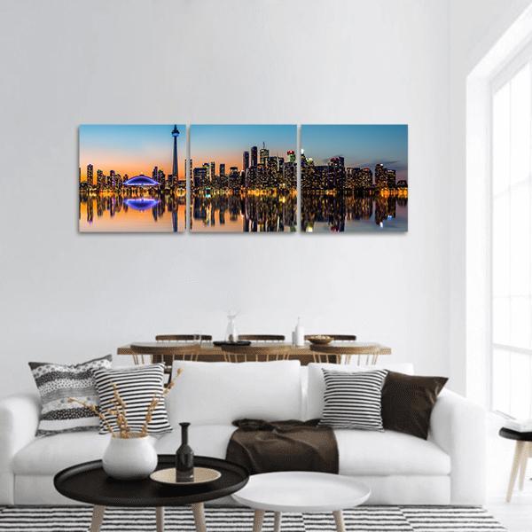 Toronto Skyline At Dusk Panoramic Canvas Wall Art-3 Piece-25" x 08"-Tiaracle