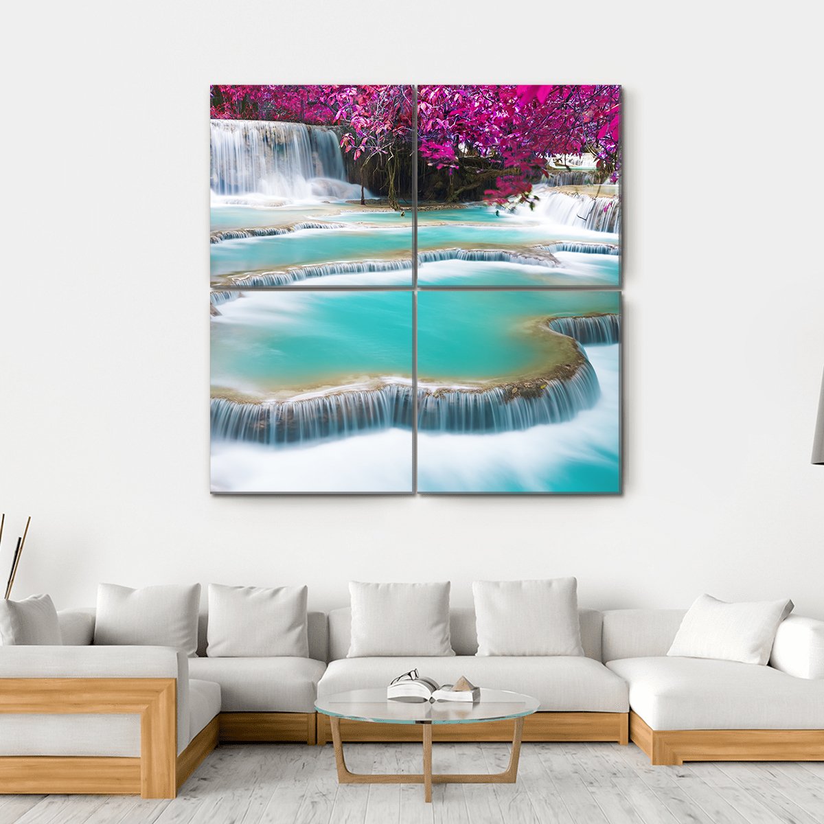 Torquoise Waterfall Of Kuang Si Laos Canvas Wall Art-4 Square-Gallery Wrap-17" x 17"-Tiaracle