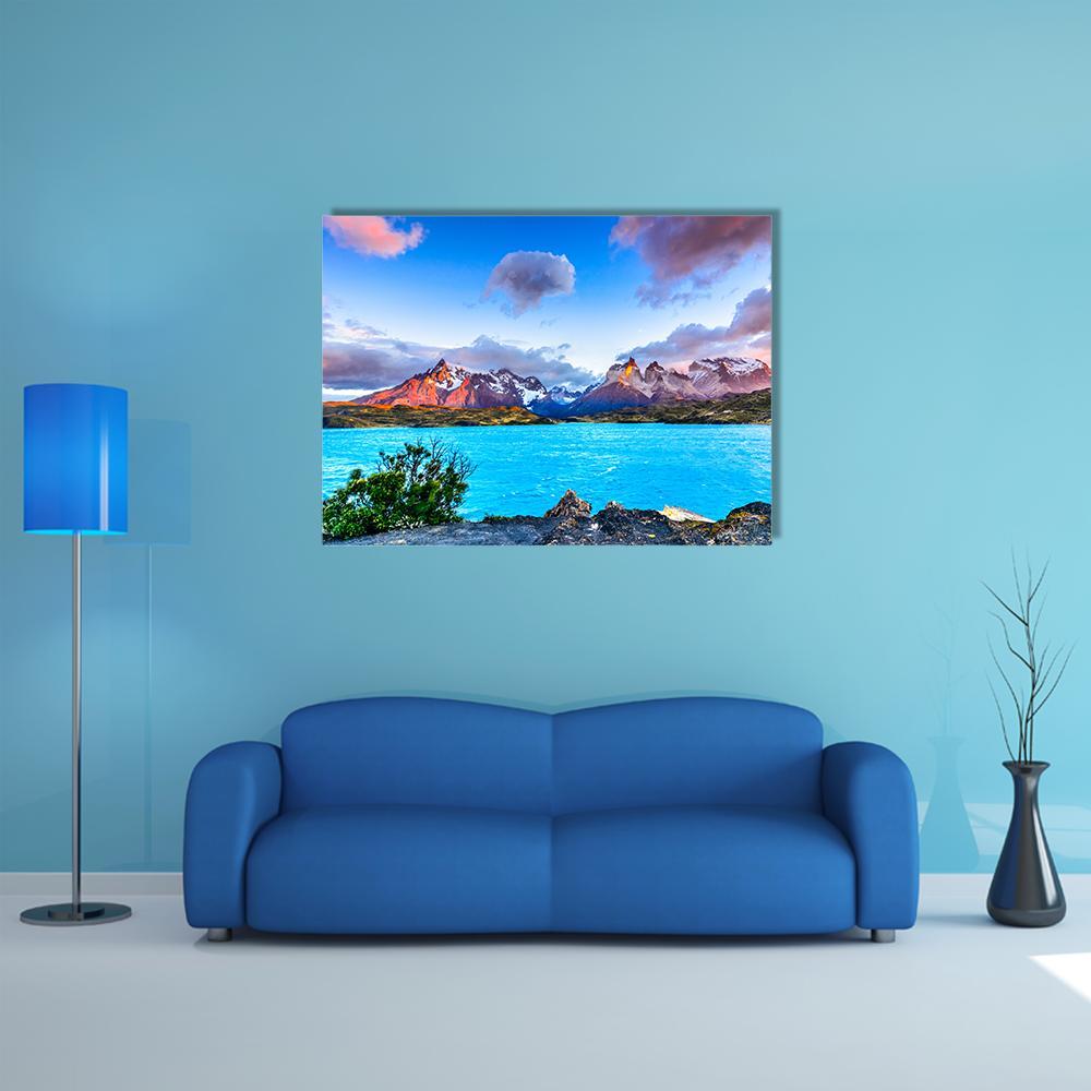 Torres Del Paine Sunset Over Glacial Lake Canvas Wall Art in gray, orange and blue, single panel hung on a wall