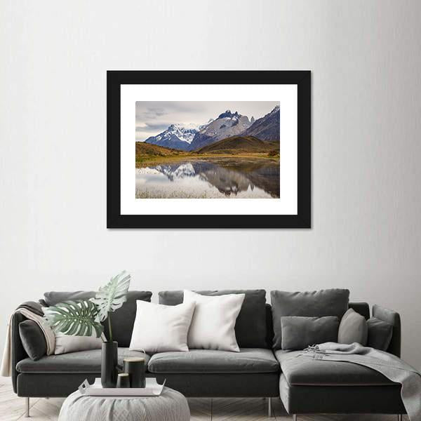 Torres Del Paine Mountain Reflecting In Lake Canvas Wall Art-1 Piece-Framed Print-20" x 16"-Tiaracle