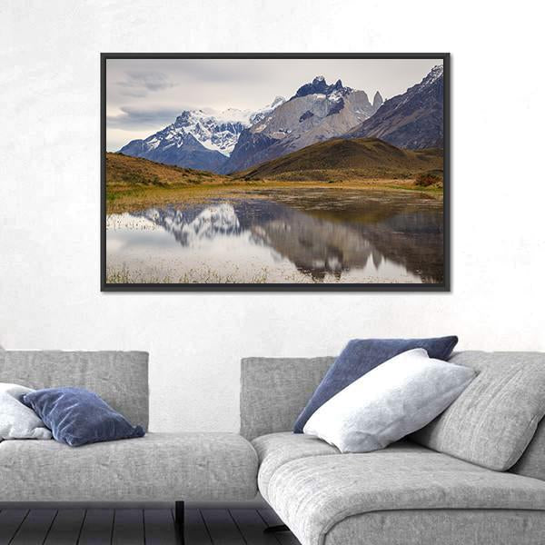 Torres Del Paine Mountain Reflecting In Lake Canvas Wall Art-1 Piece-Floating Frame-24" x 16"-Tiaracle
