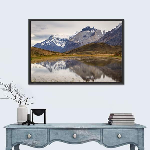 Torres Del Paine Mountain Reflecting In Lake Canvas Wall Art-3 Horizontal-Gallery Wrap-25" x 16"-Tiaracle