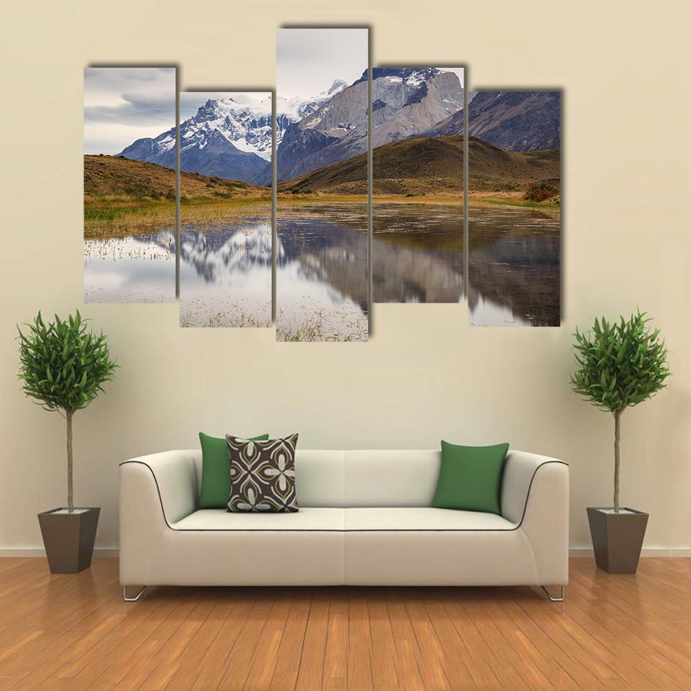 Torres Del Paine Mountain Reflecting In Lake Canvas Wall Art-5 Pop-Gallery Wrap-47" x 32"-Tiaracle
