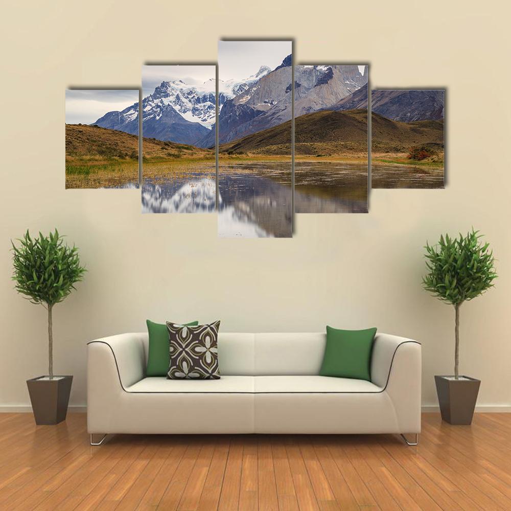 Torres Del Paine Mountain Reflecting In Lake Canvas Wall Art-5 Star-Gallery Wrap-62" x 32"-Tiaracle