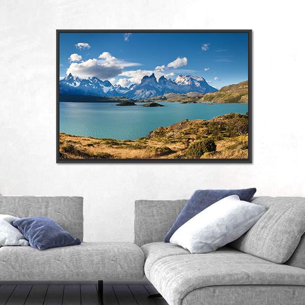 Torres Del Paine Snow-capped Peaks and Turquoise Lake Canvas Wall Art in white, brown and blue, framed canvas, product view on a white background