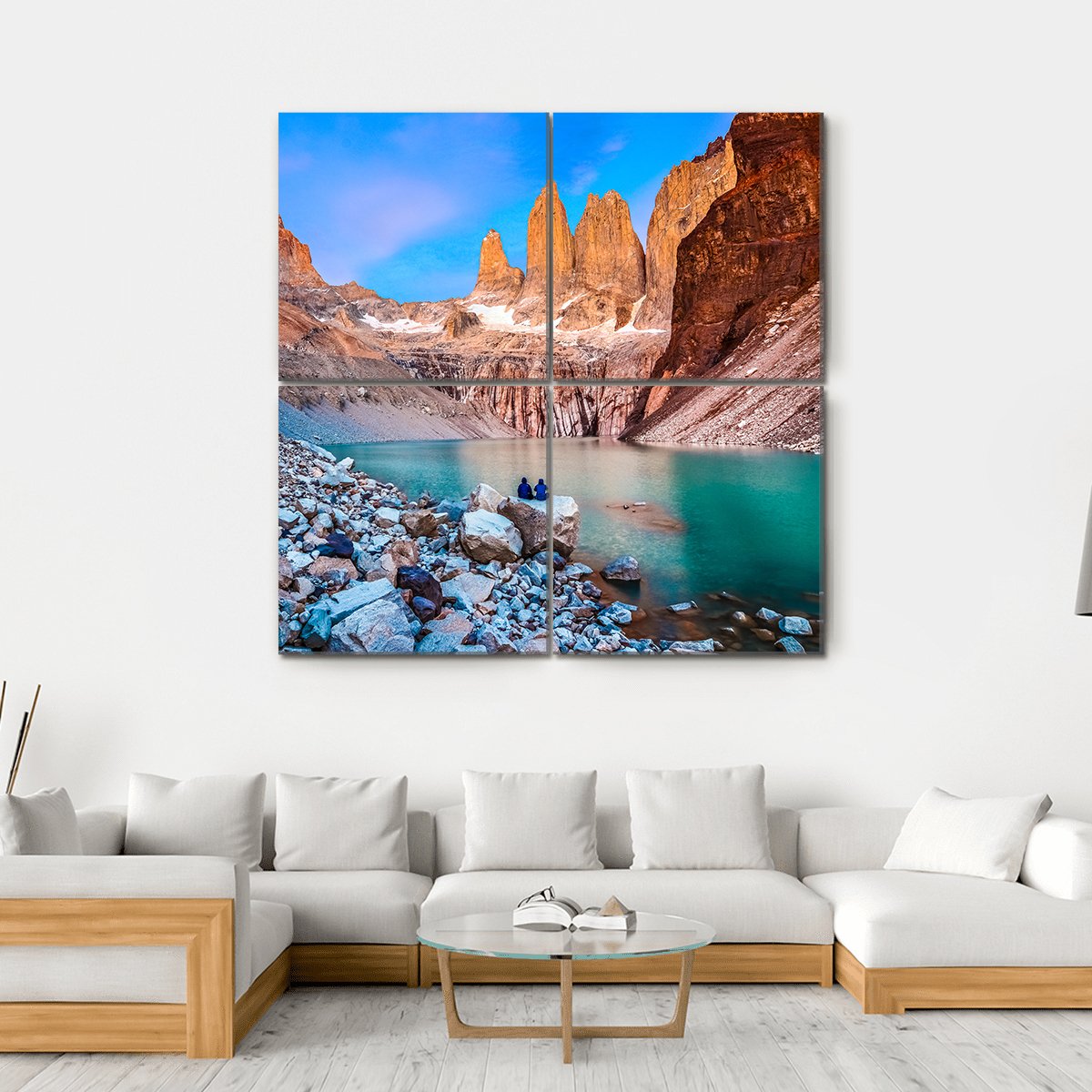 Torres Del Paine Turquoise Lake Canvas Wall Art in gray, brown and blue, hung on a wall