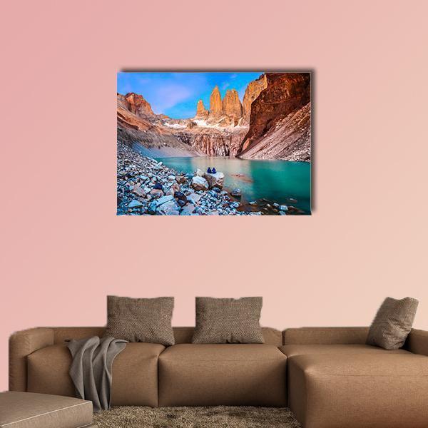 Torres Del Paine Lake and Jagged Peaks Canvas Wall Art in brown, orange and blue, single panel hung on a wall