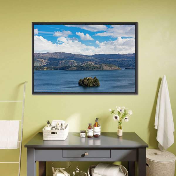 Tota Lake in Boyaca Canvas Wall Art in white, brown and blue, framed canvas, product view on a white background