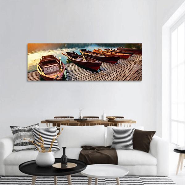 Tourist Boat On Lake Bled Panoramic Canvas Wall Art-3 Piece-25" x 08"-Tiaracle