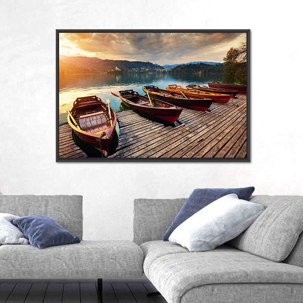 Tourist Boat On Lake Bled Panoramic Canvas Wall Art-1 Piece-36" x 12"-Tiaracle