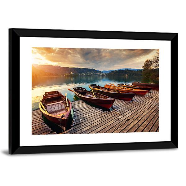 Tourist Boat On Lake Bled Panoramic Canvas Wall Art-1 Piece-36" x 12"-Tiaracle