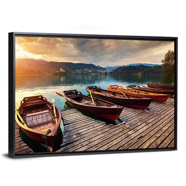 Tourist Boat On Lake Bled Panoramic Canvas Wall Art-1 Piece-36" x 12"-Tiaracle