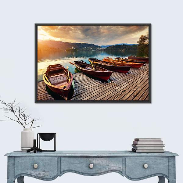 Tourist Boat On Lake Bled Panoramic Canvas Wall Art-1 Piece-36" x 12"-Tiaracle