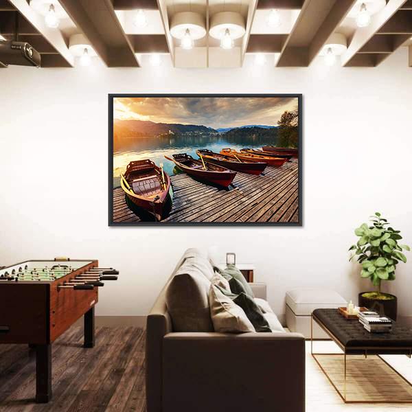 Tourist Boat On Lake Bled Panoramic Canvas Wall Art-1 Piece-36" x 12"-Tiaracle