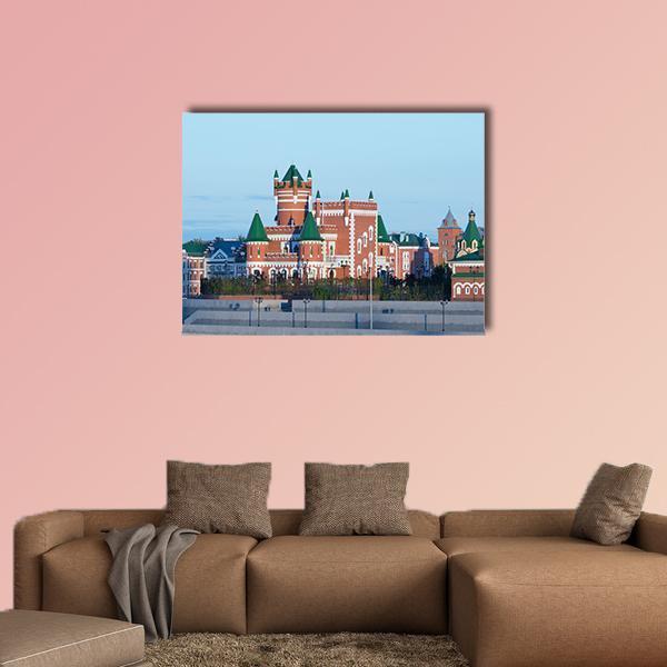 Yoshkar-ola Palace with Green Roofs Canvas Wall Art in red, green and blue, single panel hung on a wall