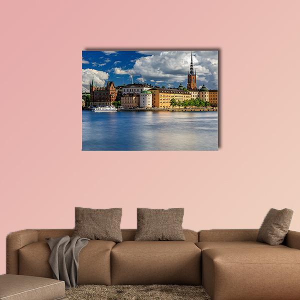 Tourist Ferry on Lake Malaren Canvas Wall Art in white, brown and blue, single panel hung on a wall