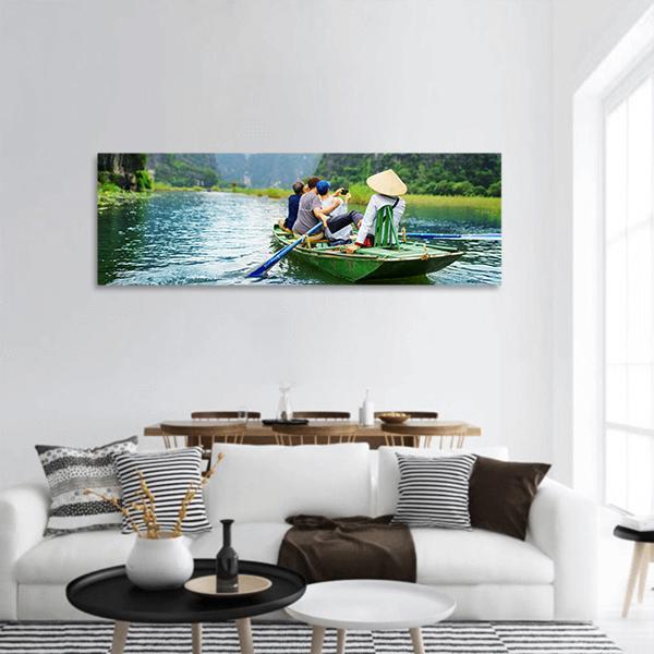 Tourists In Boat Along Ngo Dong River Panoramic Canvas Wall Art-3 Piece-25" x 08"-Tiaracle