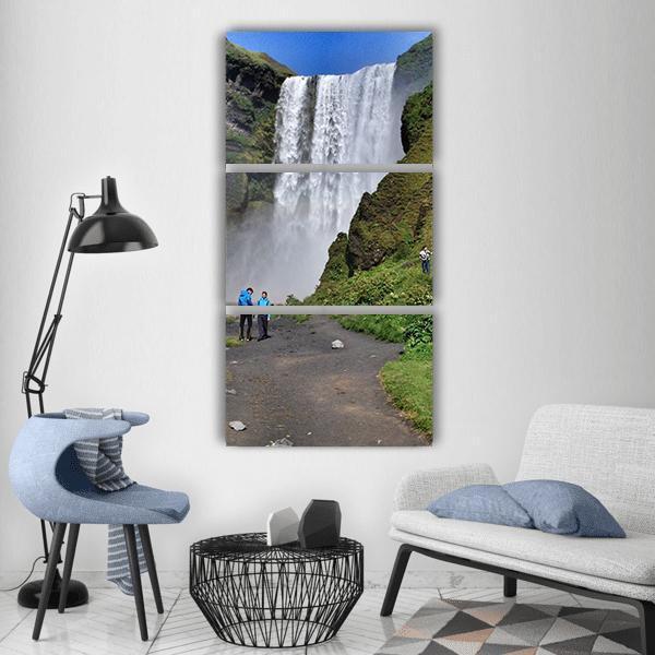 Tourists Near Waterfall In Iceland Vertical Canvas Wall Art-3 Vertical-Gallery Wrap-12" x 25"-Tiaracle