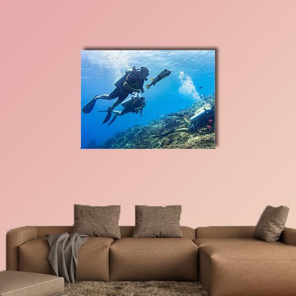 Scuba Diving At Coral Reef Canvas Wall Art-1 Piece-Gallery Wrap-36&quot; x 24&quot;-Tiaracle