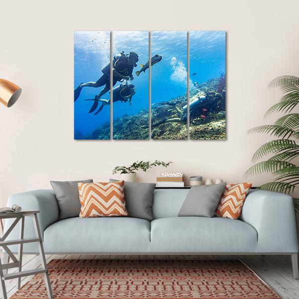 Scuba Diving At Coral Reef Canvas Wall Art-4 Horizontal-Gallery Wrap-34" x 24"-Tiaracle