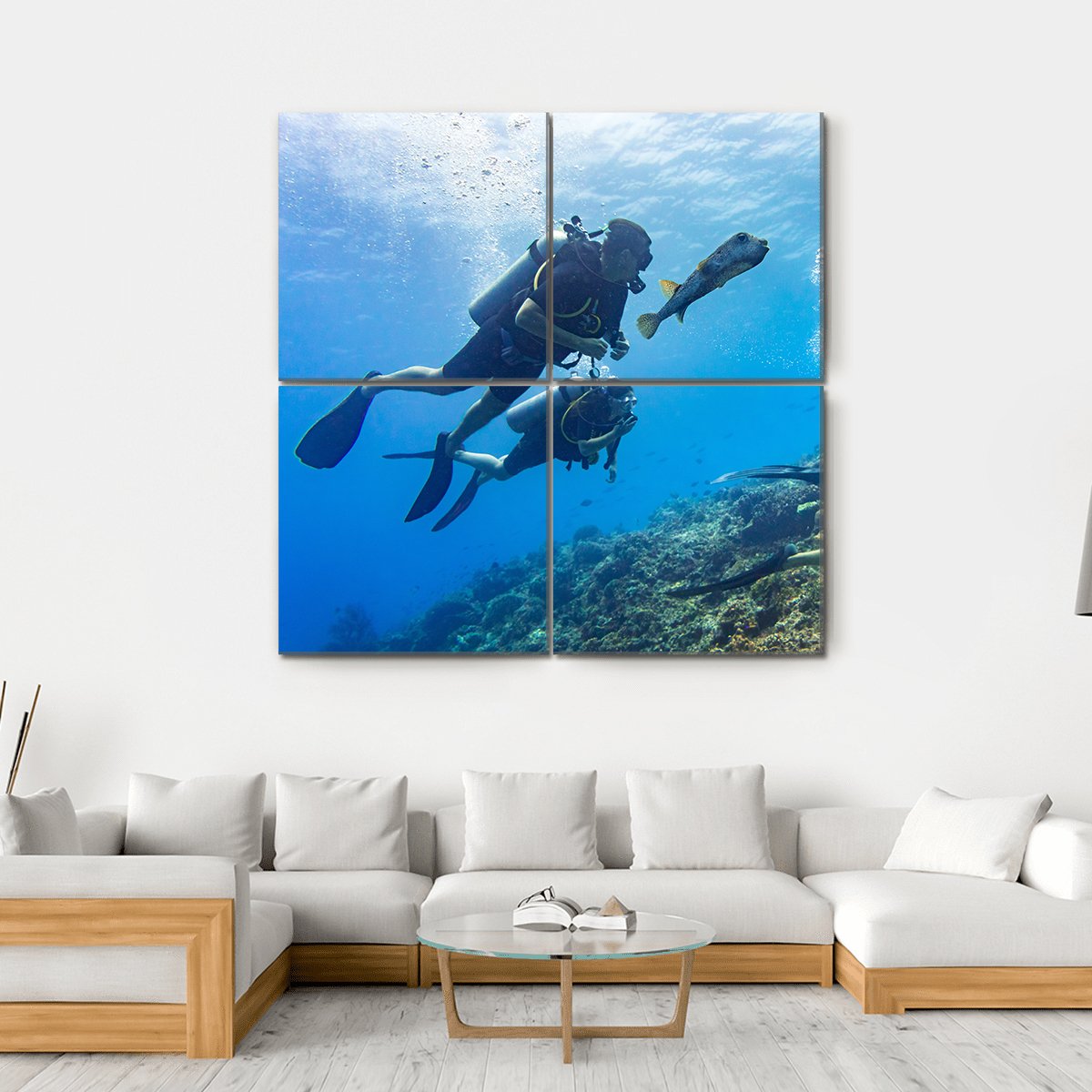 Scuba Diving At Coral Reef Canvas Wall Art-4 Square-Gallery Wrap-17" x 17"-Tiaracle