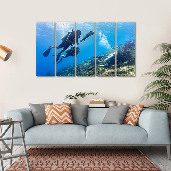 Scuba Diving At Coral Reef Canvas Wall Art-5 Horizontal-Gallery Wrap-22&quot; x 12&quot;-Tiaracle